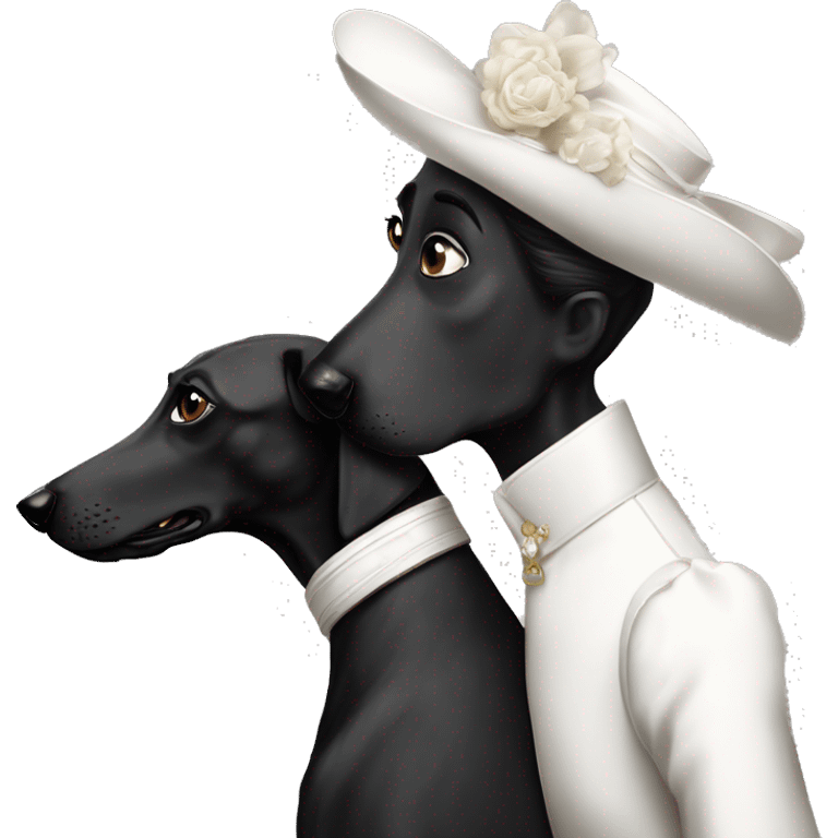 Two aristocrat dog black and white galgo kiss with women  emoji