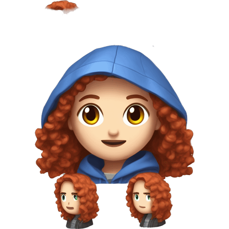 a white girl with long red curly hair, wearing periwinkle Minecraft hoodie playing a videogame emoji