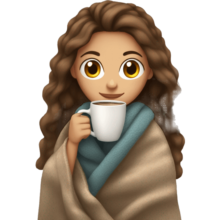 Brown hair Girl drinking coffee, with a cozy blanket emoji