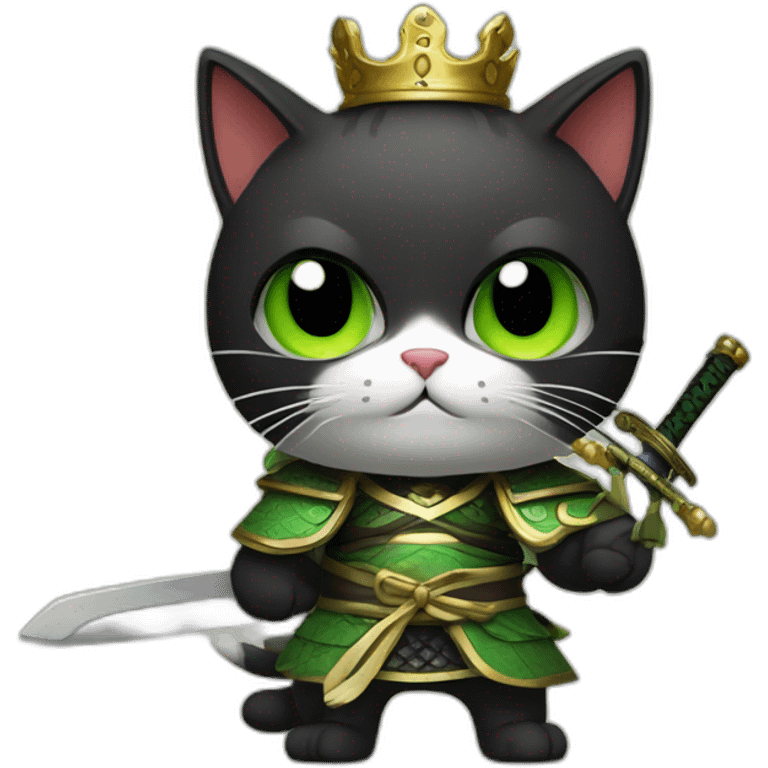 black and green cat with bad face, big wings, holding a samurai sword, dressed like a king emoji