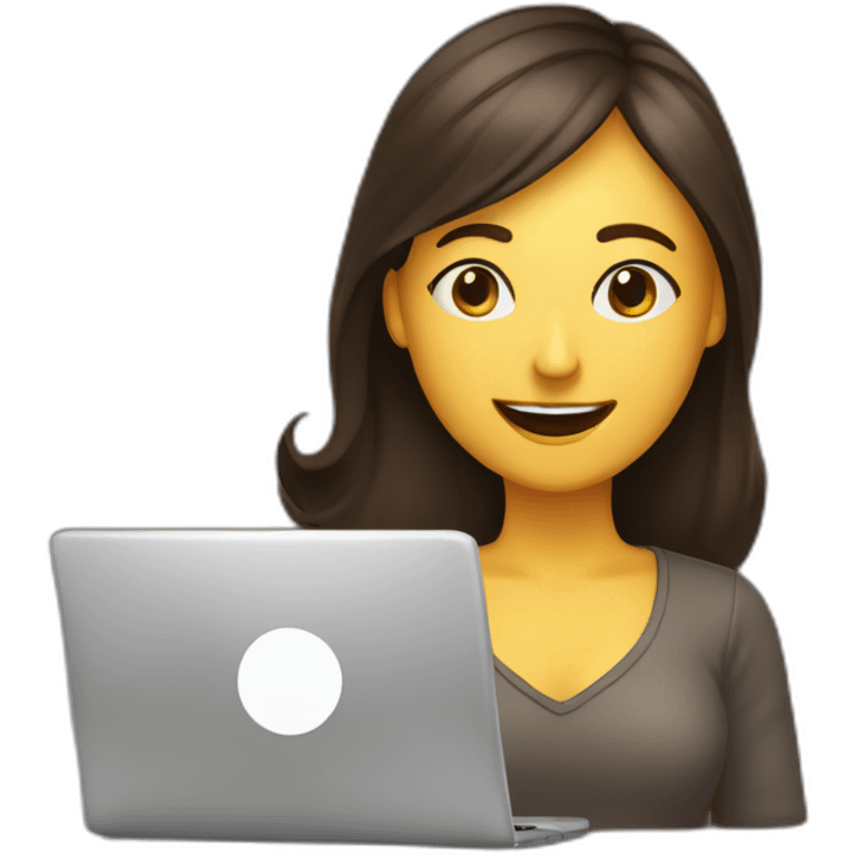 smiling woman eyes closed behind a laptop and a large coffee mug. emoji