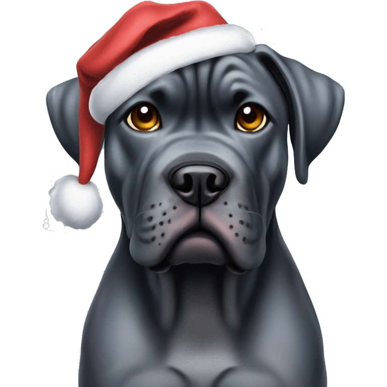 Cane corso blue brindle in a Christmas hat  with blue eyes emoji