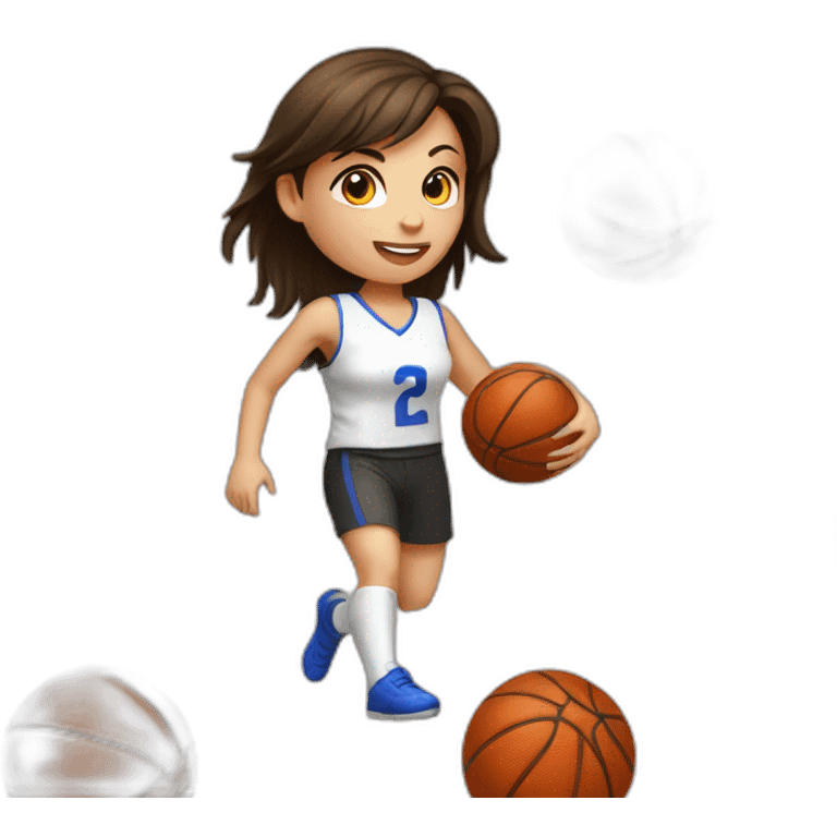 White skin brunette female playing football with small basket ball emoji