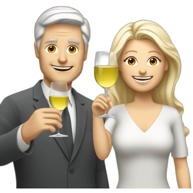 white man with grey hair  and white woman with blond hair toasting with two white wine emoji