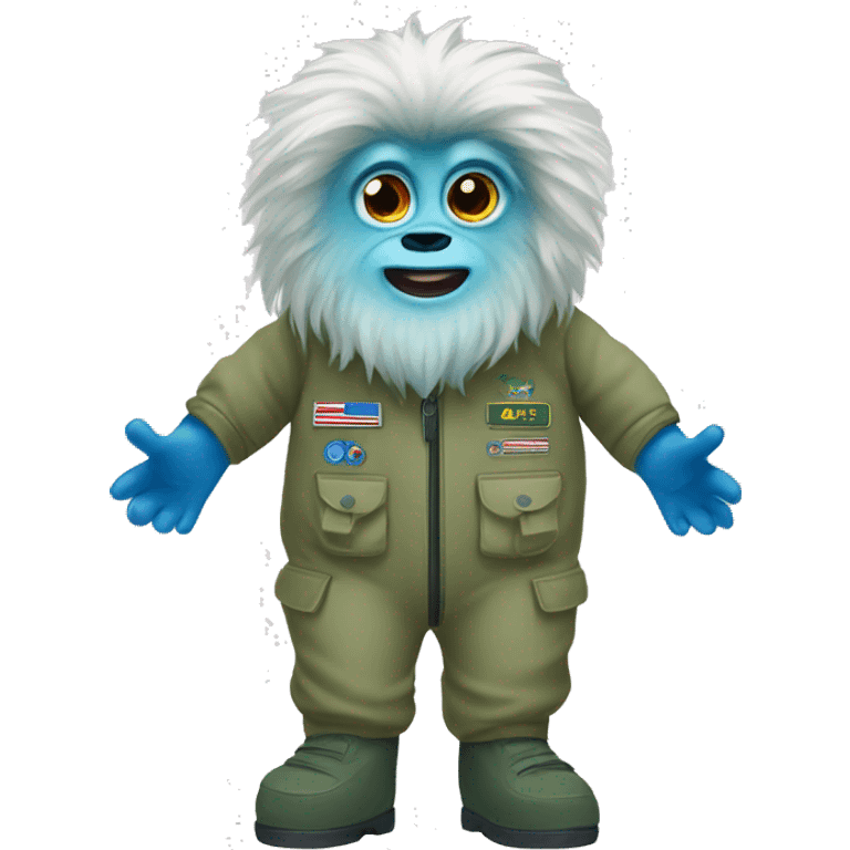 A yeti with big eyes wearing a khaki green flight suit with blue hands and feet emoji