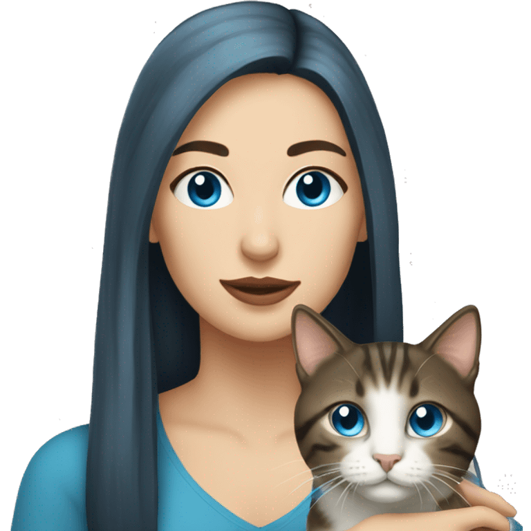 Woman with dark long hair and blue eyes holding a tabby cat  emoji