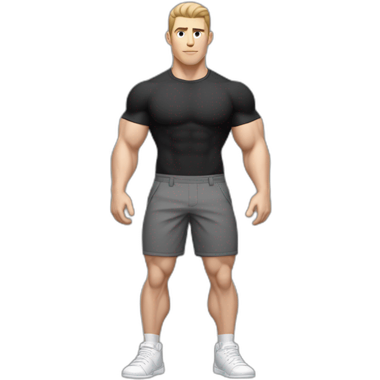 Pale skinned Fit Man With the biceps and dark brown hair in black shirt, gray sports shorts and white Sneakers Touches the back of the head emoji