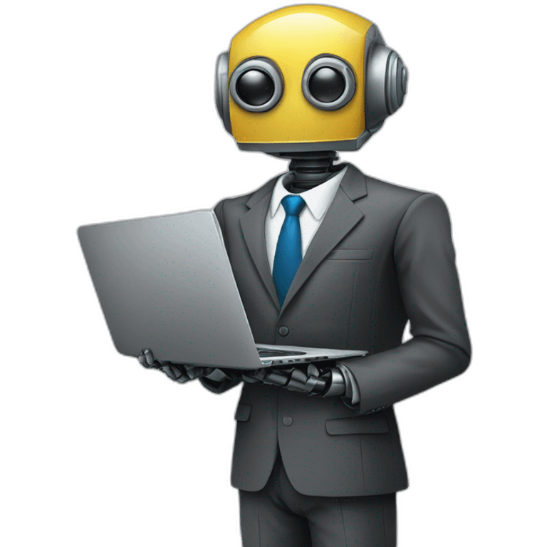 robot in a suit with head tilted using a laptop emoji