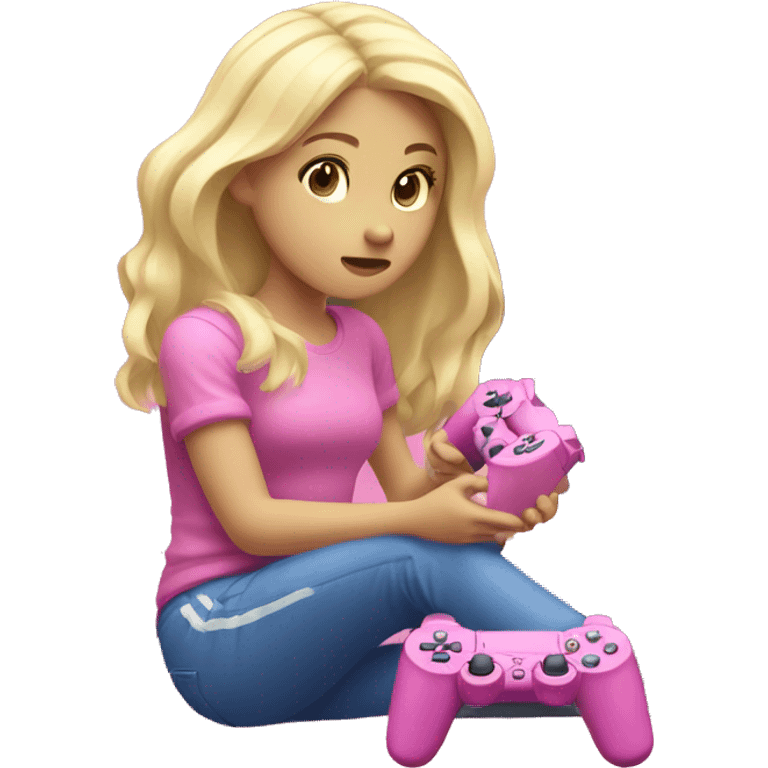 White blond girl playing next to pink PlayStation  emoji