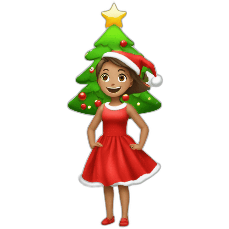 happy girl with red cristmas dress and gifts under cristmas tree emoji