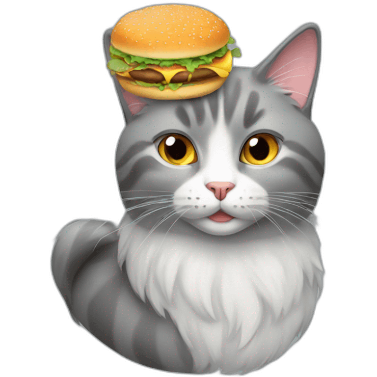 gray cat with long furr who eats a burger emoji