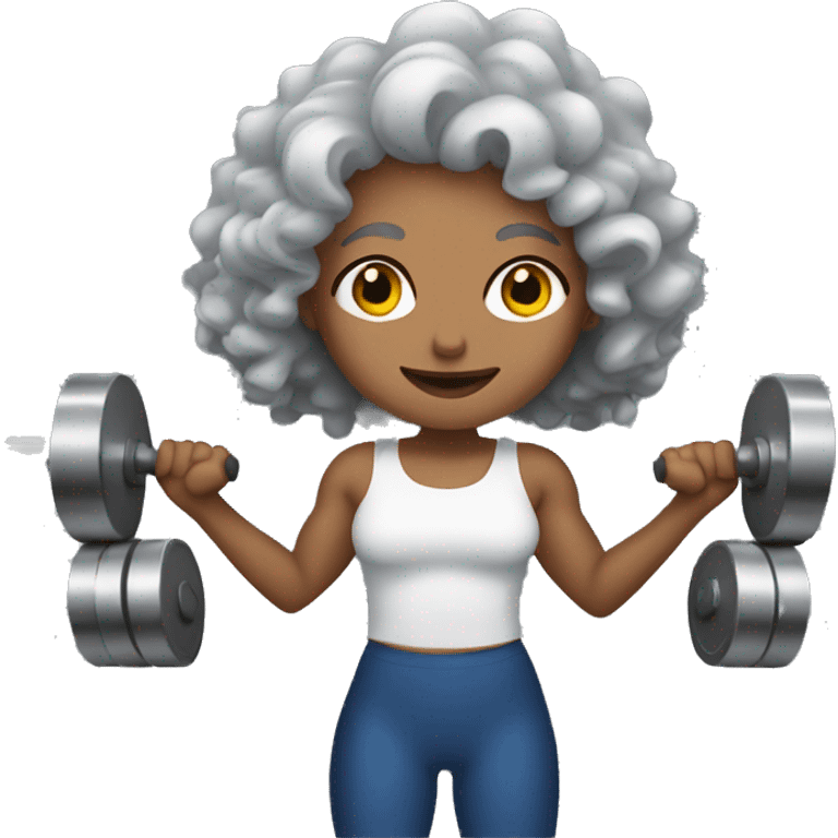 White women with curly gray hair lifting weights emoji