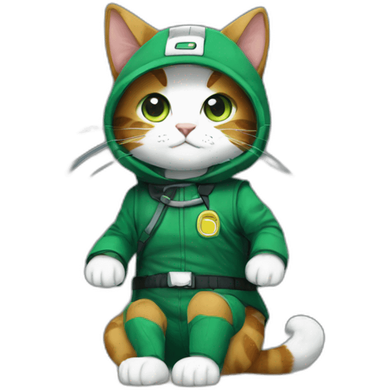 Cat in deku costum, sitting on the floor emoji