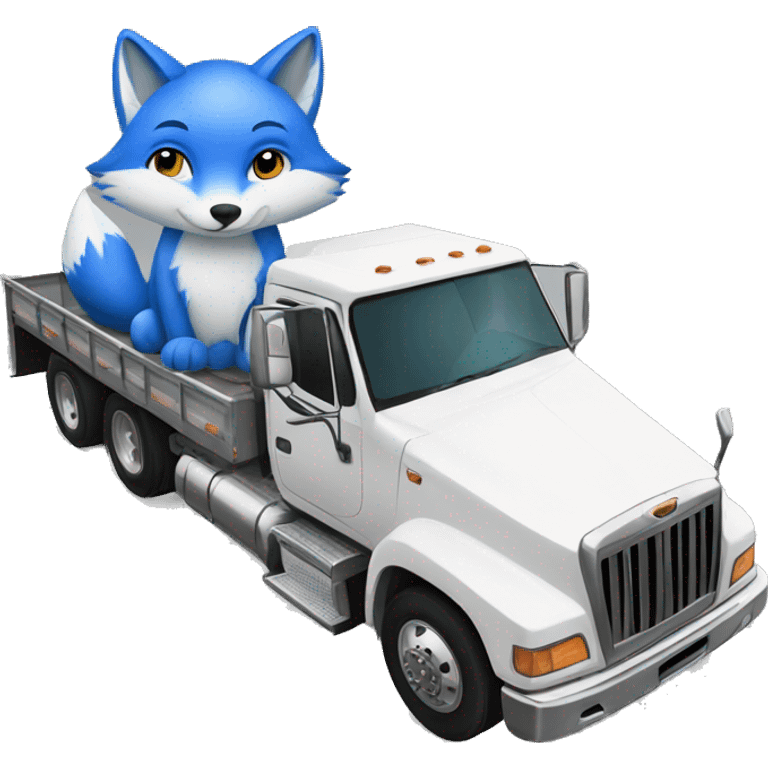 blue fox sits on a truck with a trailer that is driving on the road emoji