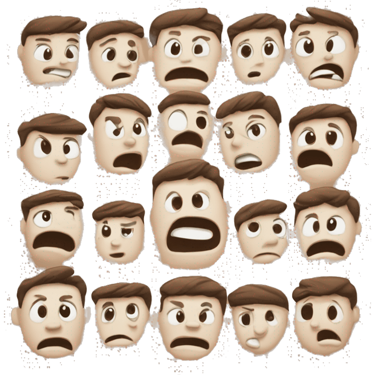 two rows of three faces. Top row happy face, sad face, angry face. Bottom row scared face, embarrassed face, surprised face emoji