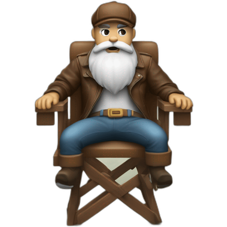 biff wiff santa beard wearing a brown leather jacket and a paddy cap sitting in a folding directors chair looking angry(full body, ios17) emoji