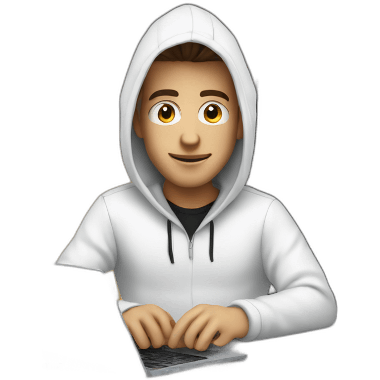 Young white developer with a black hood behind his laptop on a desktop emoji