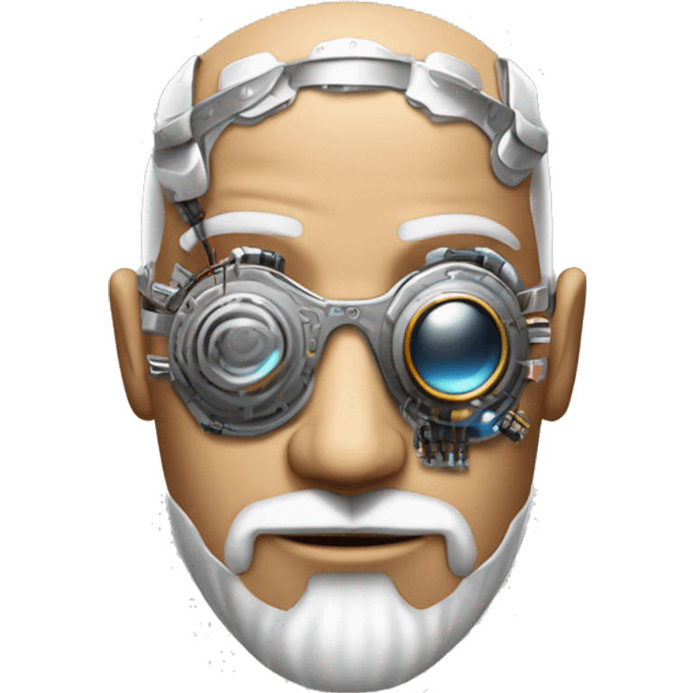 Tan bald male Latino cyborg head with grey beard, silver steampunk monocle goggles and circuits emoji