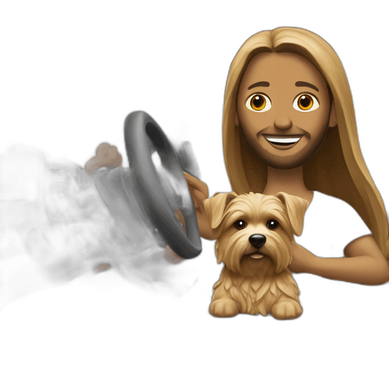 Rio jesus-statue holding a yorkie while driving a red f1 car emoji