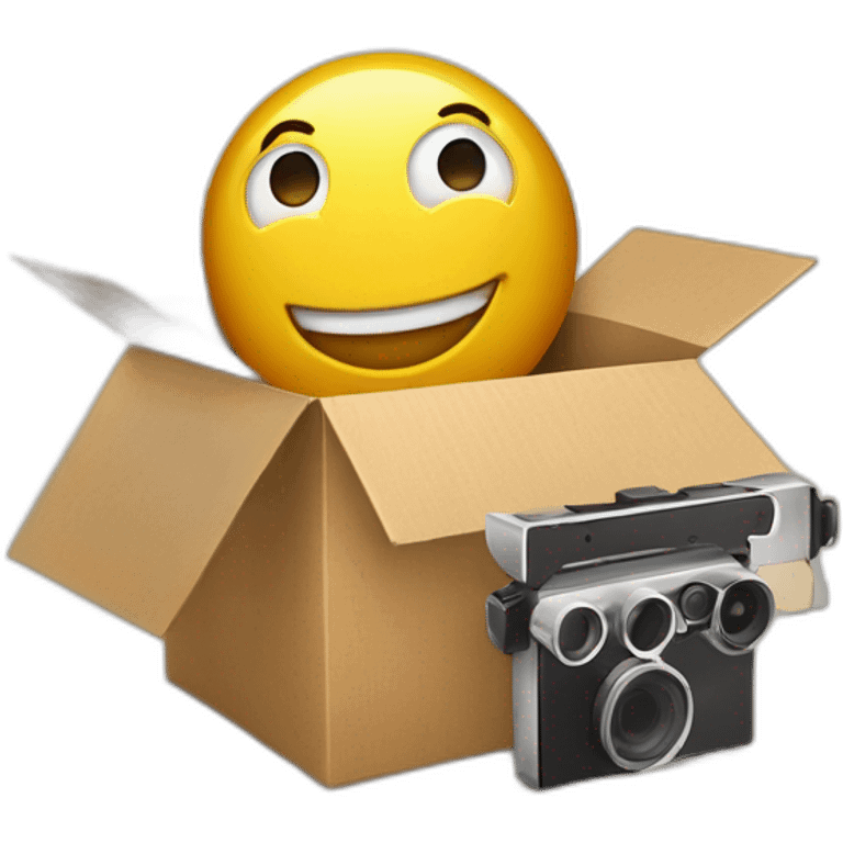 Video icons, movie camera, film, play, logos, likes, thumbs up, marks, views, coverage, applause fly out of a Cardboard box emoji