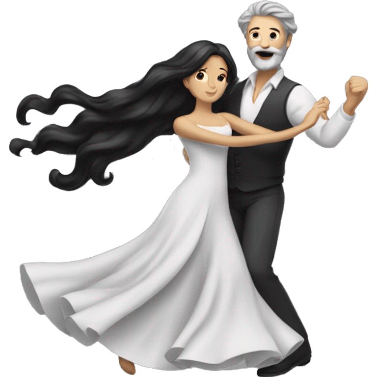 woman with long black hair and man with gray hair and beard dancing waltz emoji