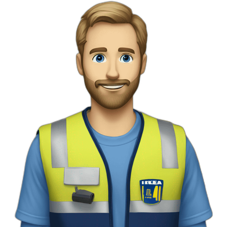 Ikea coworker blue eyes beard manager man blue stripes t-shirt and yellow security vest emoji