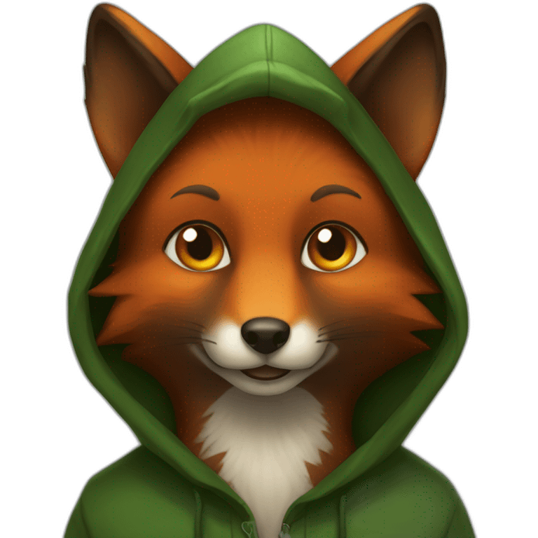 a small dark brown fox with orange eyes with a dark green hood that smile emoji