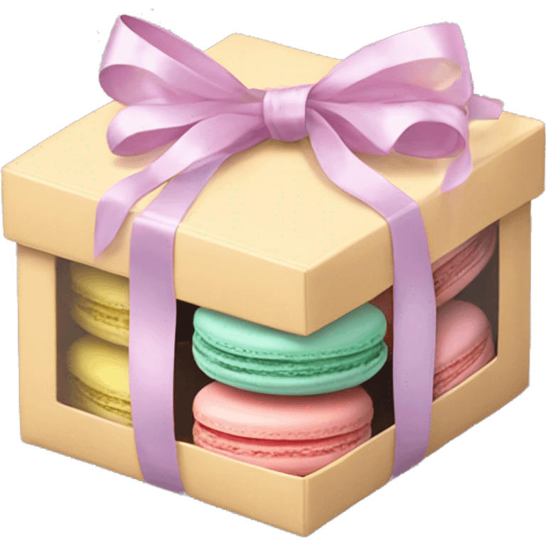 Realistic flat transparent box of pastel macaron cookies with ribbon bow tied around the box. emoji