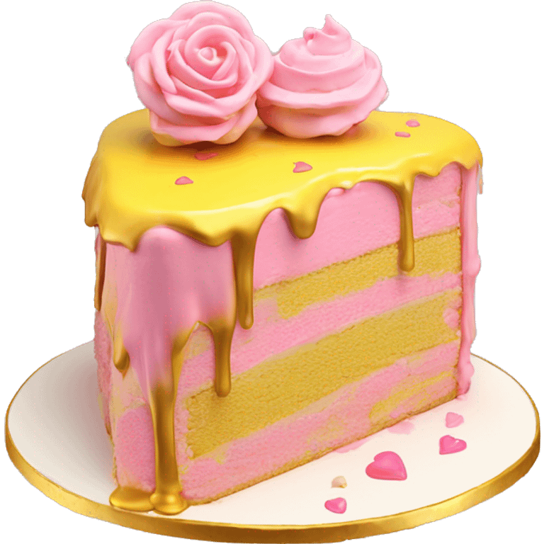 Realistic pink and yellow heart shaped layered cake with metallic gold icing dripping down the cake. emoji