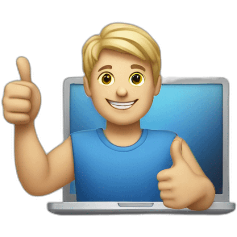 white man holding laptop thumbs up emoji