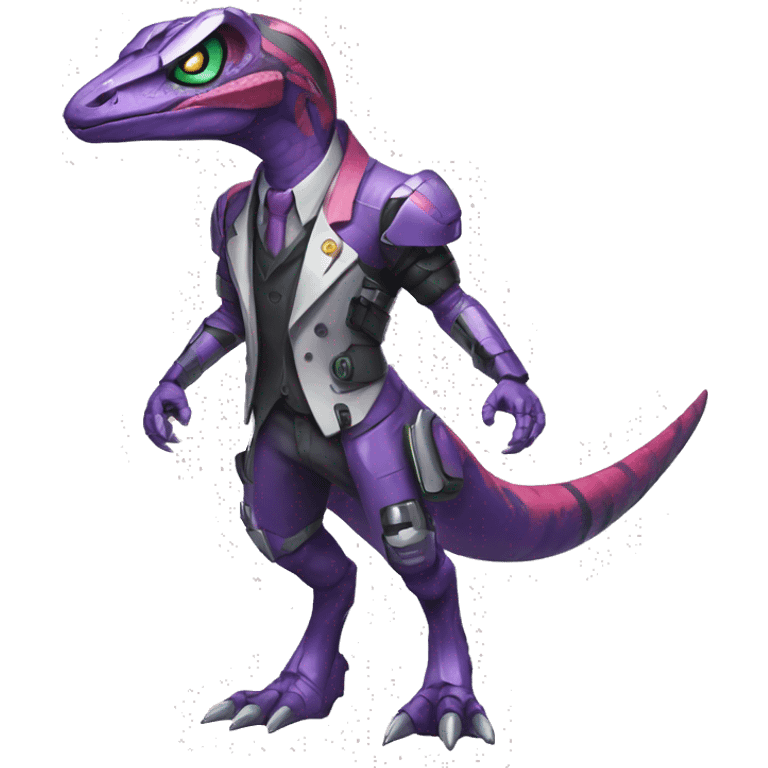 Colorful Edgy Velociraptor-Genesect-Fakémon-Pokémon wearing a with a futuristic cyber-helmet And suit Full Body emoji