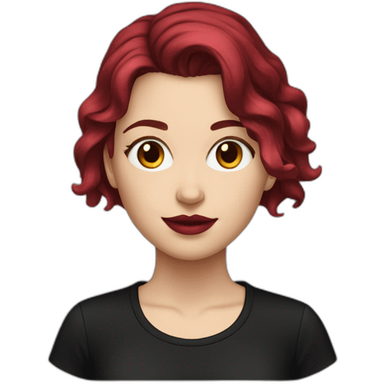 a white girl burgundy hair red lips in a black T-shirt emoji