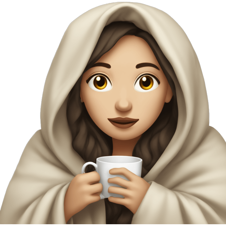 brunette girl white skin inside a blanket sipping tea eyes closed emoji