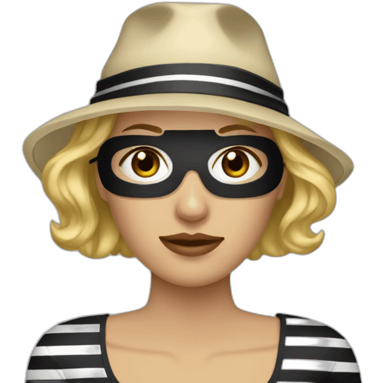 bank robber blonde woman with black hat eye mask and striped shirt emoji