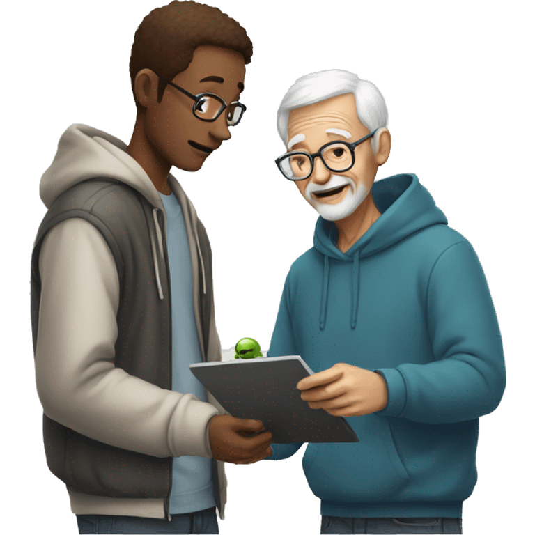 Young man with hoodie helping old man to learn how to use artificial intelligence  emoji