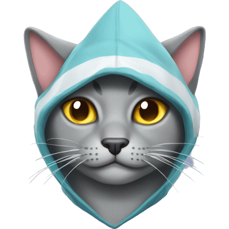 grey cat with a shark hat emoji