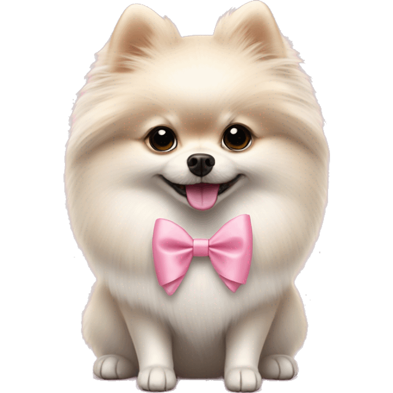 White Pomeranian wearing a pink bow tie hold a bouquet of light pink tulips emoji