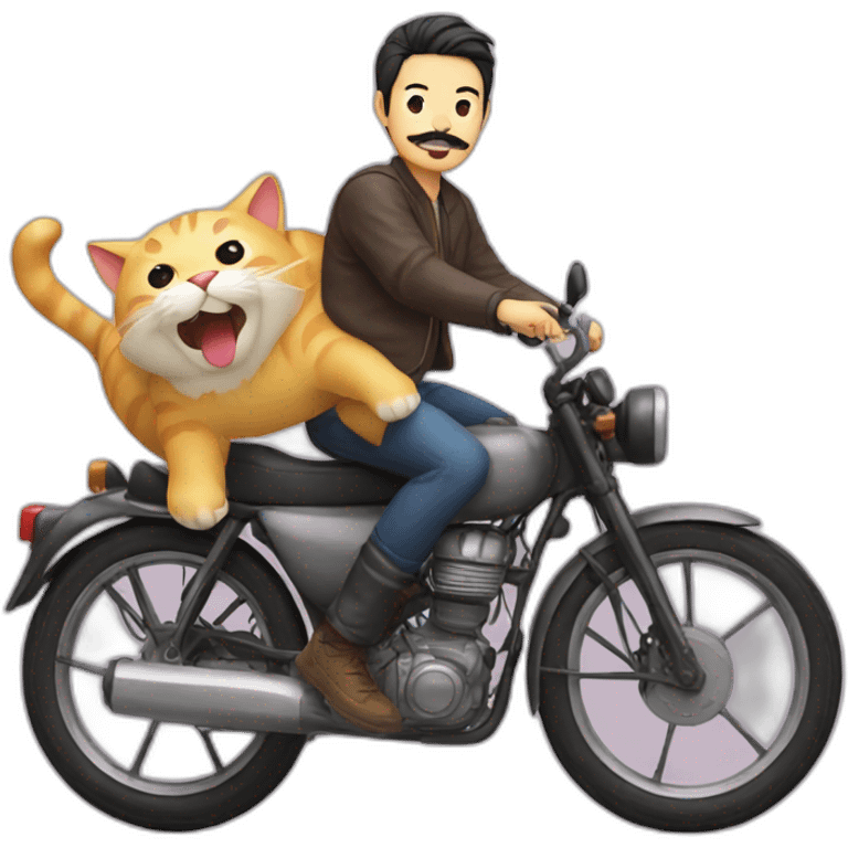 Asian guy with mustache and beard riding a giant cat emoji