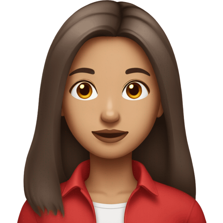 woman emoji light to medium skin, straight long dark brown hair with middle part red shirt  emoji