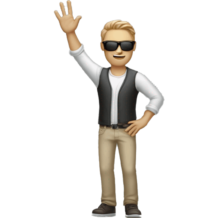 cool white man standing on scene in sunglasses and raising one hand emoji