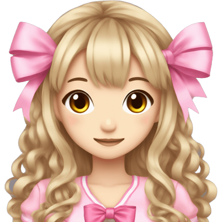 hime gyaru girl, dark blonde hair, pink clothes, ribbons, blush emoji