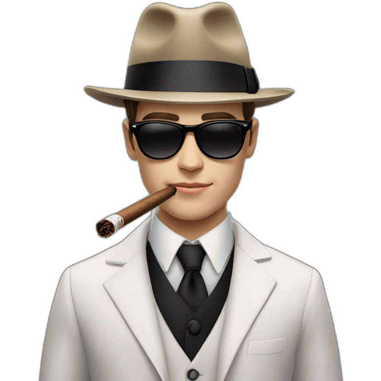 young white male adult with dark hair, black fedora hat, black ray ban sunglasses, three pieces costume and tie smoking a cigar emoji