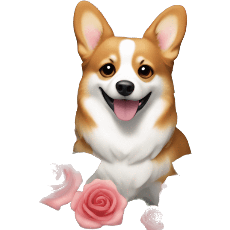 rose bouquet next to a small happy corgi emoji