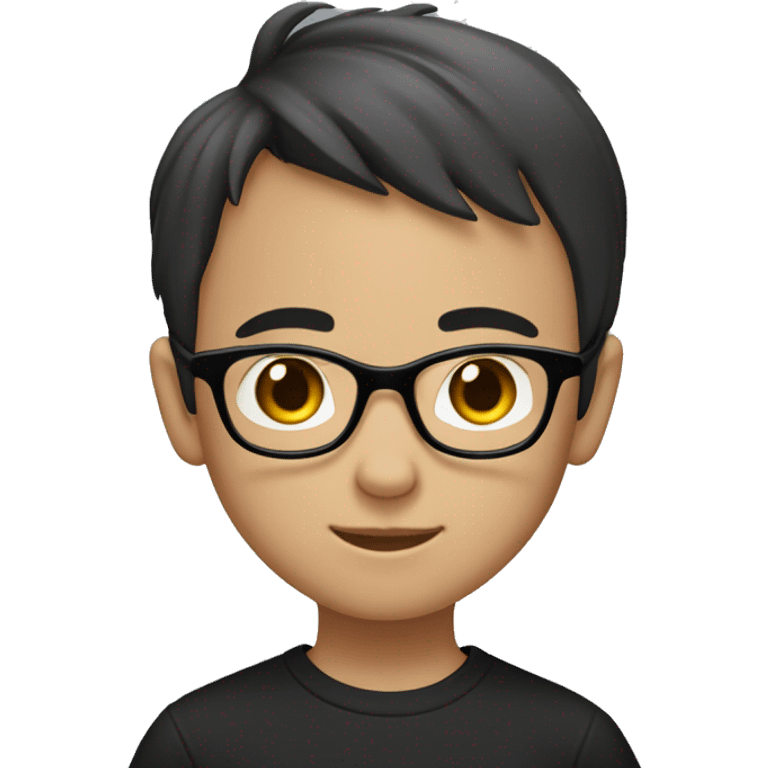 The young Chinese boy WITH black EYES smiled with short hair, black-rimmed glasses and a black T-shirt. emoji