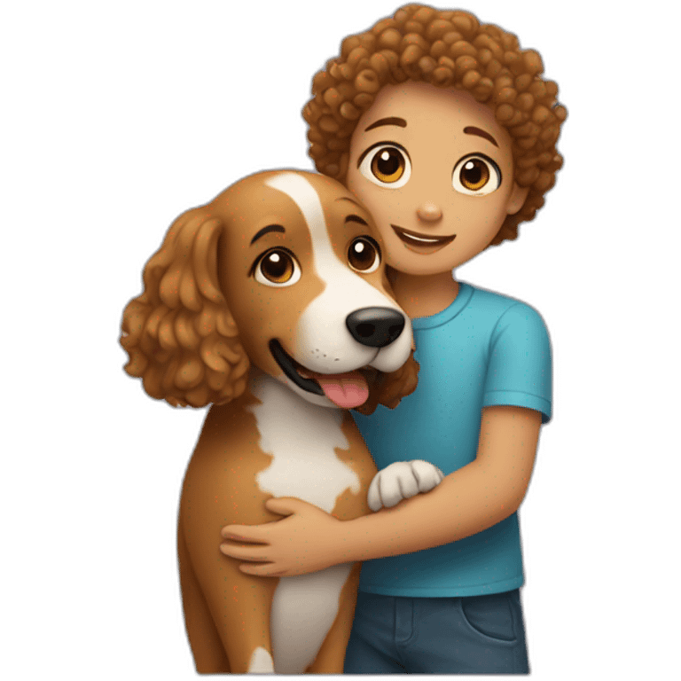 boy and girl hugs a curly dog emoji