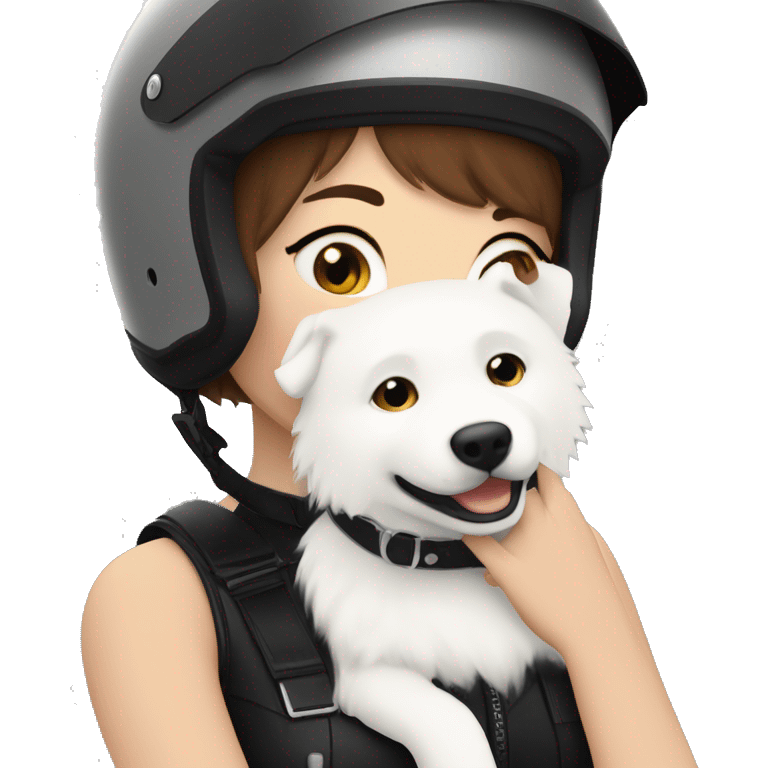 Girl biker white skin and brown short hair with a agv black helmet hugging a white Samoyed emoji