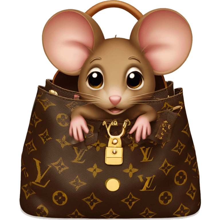 Brown mouse is sitting in a louis vuitton bag emoji