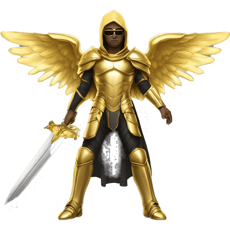 golden archangel, in full growth, with golden wings, black glasses, golden armor, golden swords, in a golden hood, light skin colorglasses, golden armor, golden swords, in a golden hood emoji