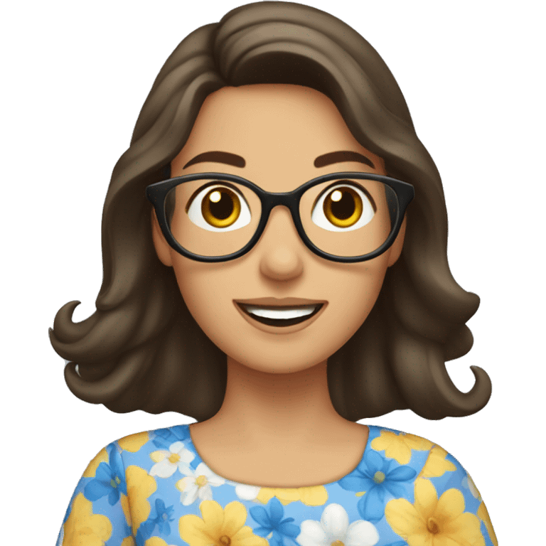 brunette lady in flowery dress wearing glasses and waving  emoji