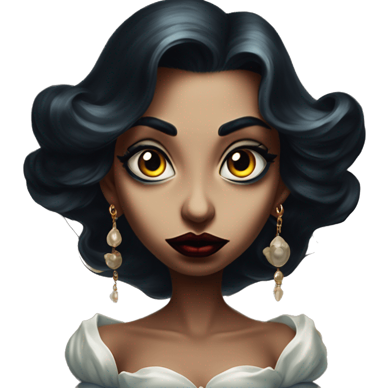 Jasmine vampire lunatic in Uncle Scrooge style, oil paint, mysterious eyes, intricate lips, masterpiece pose, odd perspective, beautiful, desirable, logical emoji